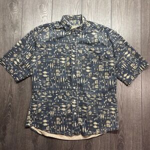 Vintage Woolrich Fishing Button Up Shirt Medium Blue 1990s All Over Western